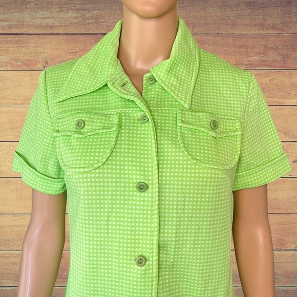 𝅺vintage mod dress 60s neon green 70’s Polyester Checkered Dress Union Made - Picture 3 of 12